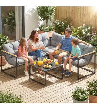 Conjunto de Jardín Exterior con Cojines Gruesos 2 Sofás de 2 Plazas Sofá de Esquina y Mesa de Centro de Vidrio Gris