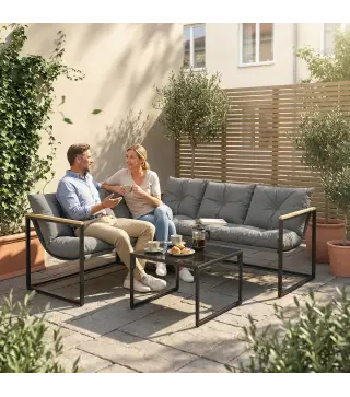 Conjunto de Jardín Exterior con Cojines Gruesos 2 Sofás de 2 Plazas Sofá de Esquina y Mesa de Centro de Vidrio Gris