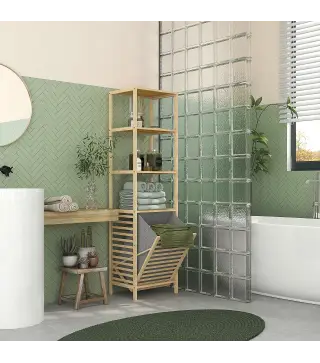 Estantería de Almacenaje Mueble de Baño con 3 Estantes y 1 Cesto para Ropa Sucia Desmontable 44x33x160 cm Natural