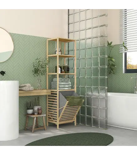 Estantería de Almacenaje Mueble de Baño con 3 Estantes y 1 Cesto para Ropa Sucia Desmontable 44x33x160 cm Natural