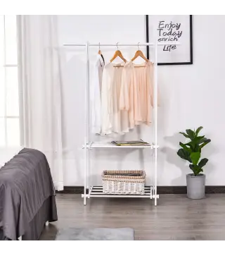 Perchero de Pie Plegable con 2 Estantes y Barra para Colgar Ropa Perchero para Dormitorio Entrada 107,5x45x150 cm Blanco