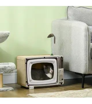 Rascador de Cartón para Gatos en Forma de Televisor con Ratón de Juguete 43x23x32,5 cm Arena