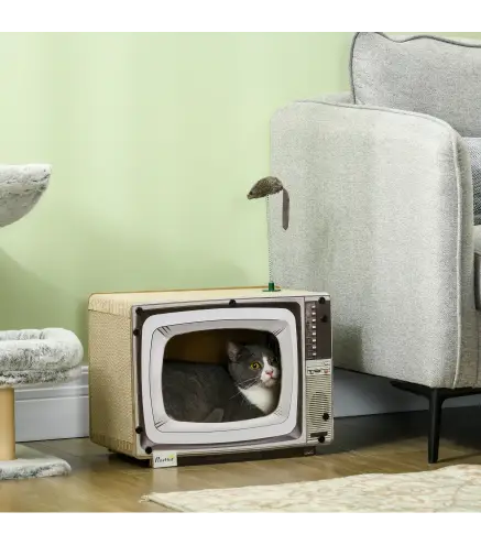 Rascador de Cartón para Gatos en Forma de Televisor con Ratón de Juguete 43x23x32,5 cm Arena
