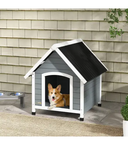 Casa para Perros Medianos 75x88x82 cm con Techo Ondulado Base Elevada y Suelo Desmontable Gris