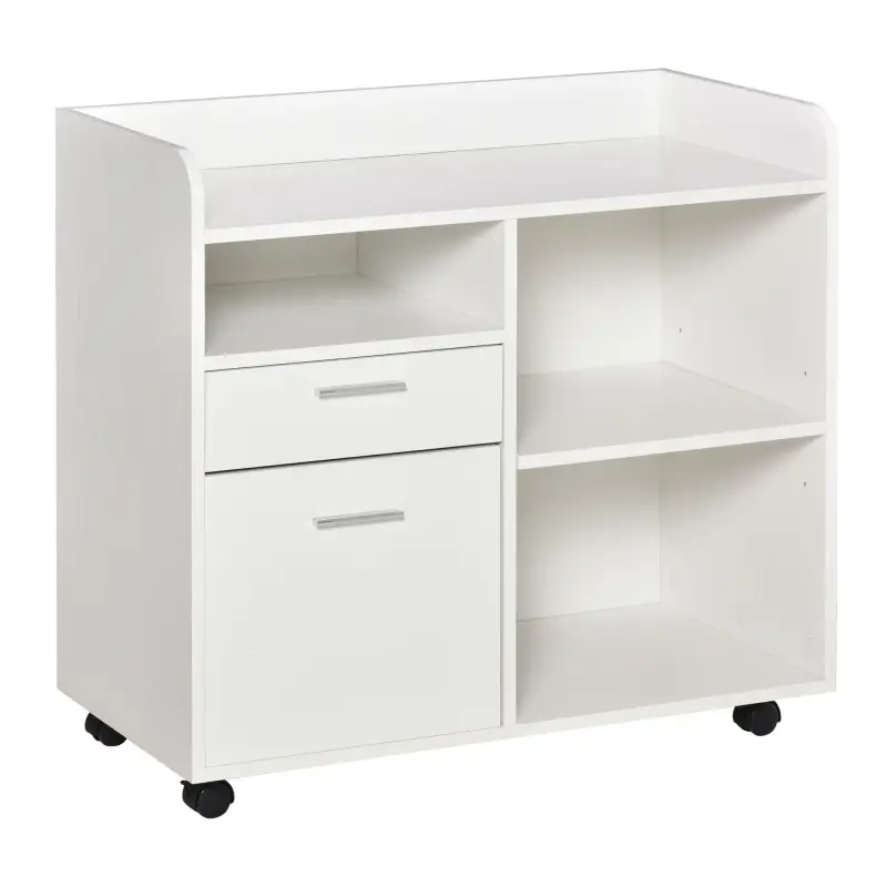 Armario para Impresora con 3 Compartimentos 2 Cajones para Archivos Estante Ajustable Ruedas 80x40x72 cm Blanco