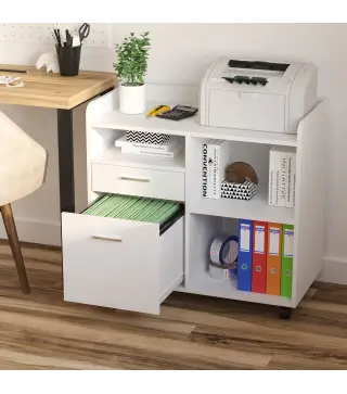 Armario para Impresora con 3 Compartimentos 2 Cajones para Archivos Estante Ajustable Ruedas 80x40x72 cm Blanco