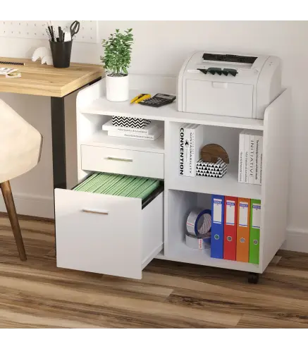 Armario para Impresora con 3 Compartimentos 2 Cajones para Archivos Estante Ajustable Ruedas 80x40x72 cm Blanco