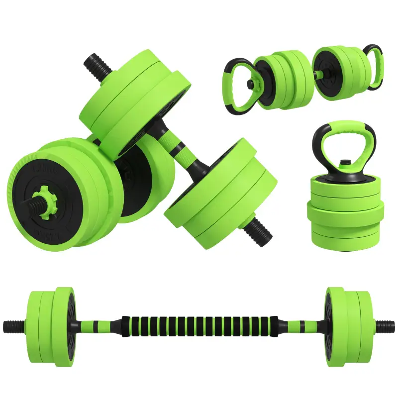 Kit de Gimnasio 4 en 1 con Barra de Pesas Mancuernas Kettlebell para Entrenamiento de Fuerza en Casa Color Verde y Negro
