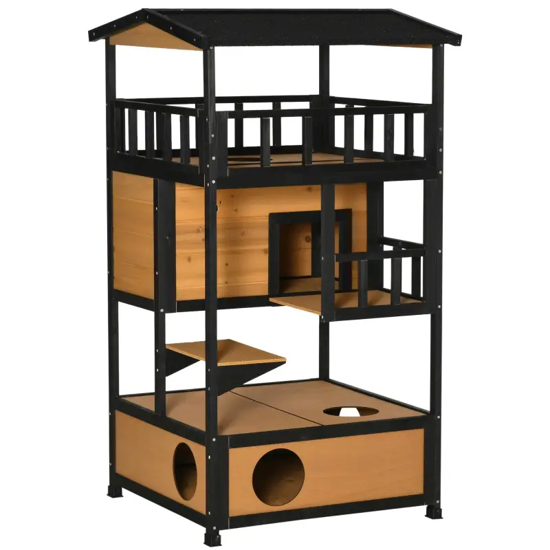 Caseta para Gatos de Madera 75,5x75x137 cm con Techo Asfáltico Plataformas para Interior y Exterior Natural Caseta para Gatos de Madera 75,5x75x137 cm con Techo Asfáltico Plataformas para Interior y Exterior Natural