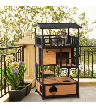 Caseta para Gatos de Madera 75,5x75x137 cm con Techo Asfáltico Plataformas para Interior y Exterior Natural