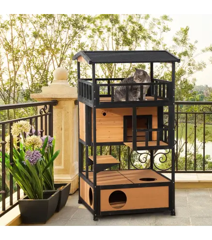 Caseta para Gatos de Madera 75,5x75x137 cm con Techo Asfáltico Plataformas para Interior y Exterior Natural