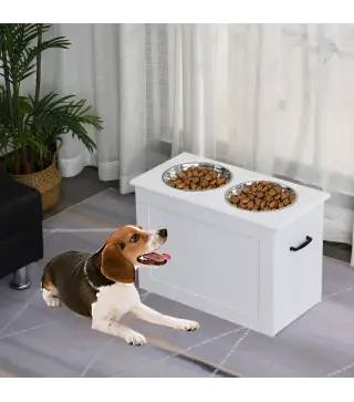 Cuencos para Perros con 2 Tazones de Acero Inoxidable y Espacio de Almacenaje Oculto 60x30x41 cm Blanco