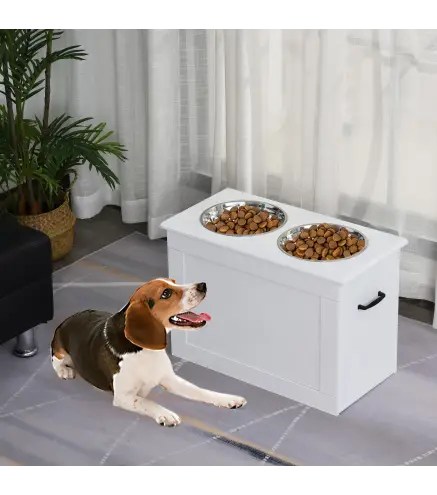 Cuencos para Perros con 2 Tazones de Acero Inoxidable y Espacio de Almacenaje Oculto 60x30x41 cm Blanco