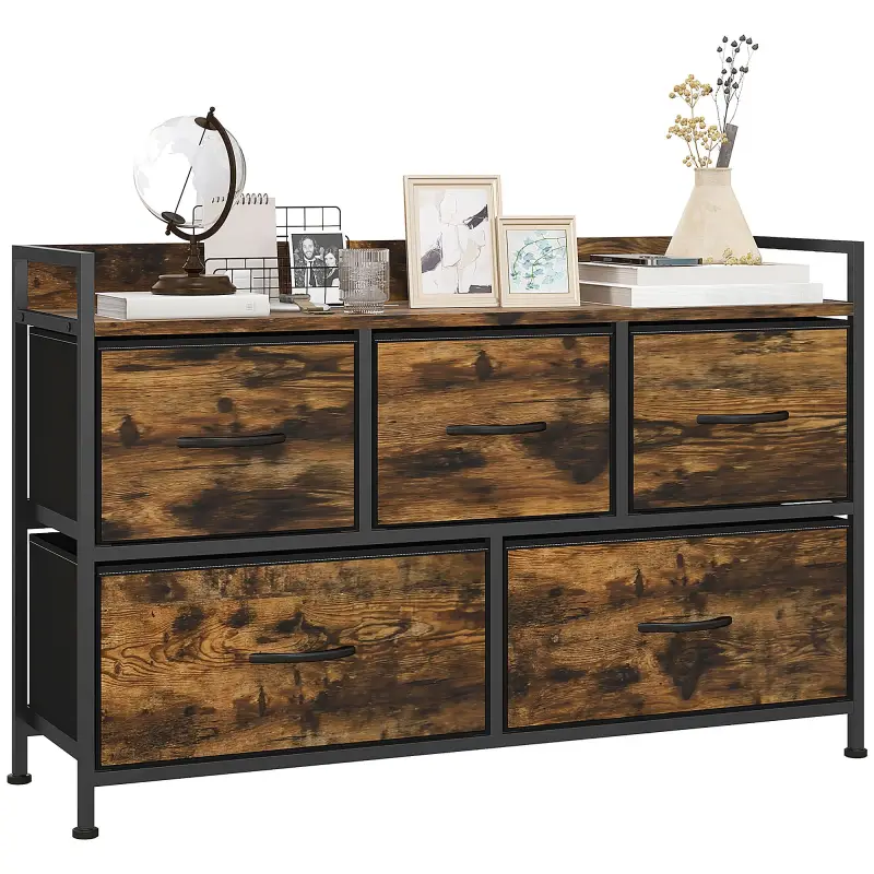 Cajonera de Tela con 5 Cajones y Marco Metálico Estilo Industrial para Salón Recibidor 98x29x63 cm Marrón Rústico