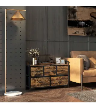 Cajonera de Tela con 5 Cajones y Marco Metálico Estilo Industrial para Salón Recibidor 98x29x63 cm Marrón Rústico
