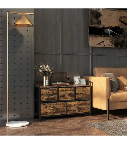 Cajonera de Tela con 5 Cajones y Marco Metálico Estilo Industrial para Salón Recibidor 98x29x63 cm Marrón Rústico