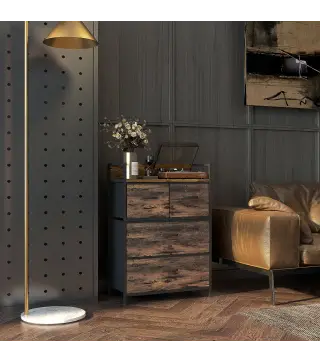 Cajonera de Tela con 4 Cajones Plegables y Marco de Acero Estilo Industrial para Salón 60x29x85 cm Marrón Rústico