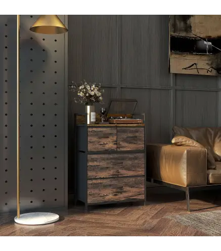 Cajonera de Tela con 4 Cajones Plegables y Marco de Acero Estilo Industrial para Salón 60x29x85 cm Marrón Rústico