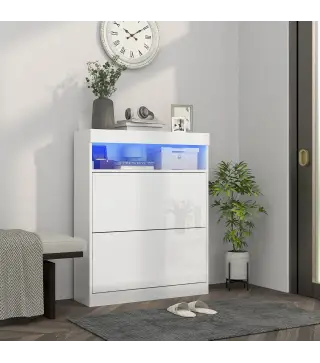 Armario Zapatero con Luces LED y 2 Cajones Abatibles para 12-16 Pares de Zapatos 80x24x99,5 cm Blanco Brillante