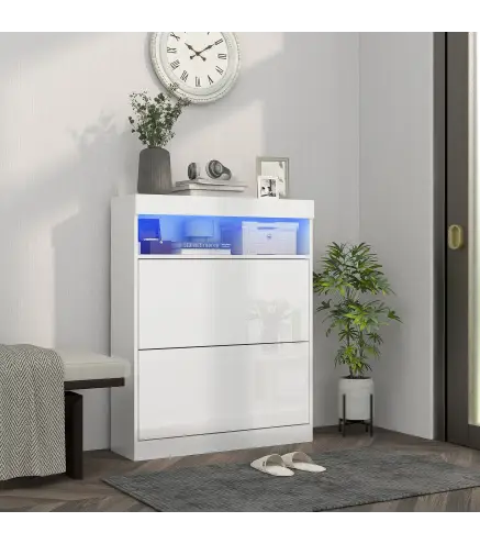 Armario Zapatero con Luces LED y 2 Cajones Abatibles para 12-16 Pares de Zapatos 80x24x99,5 cm Blanco Brillante