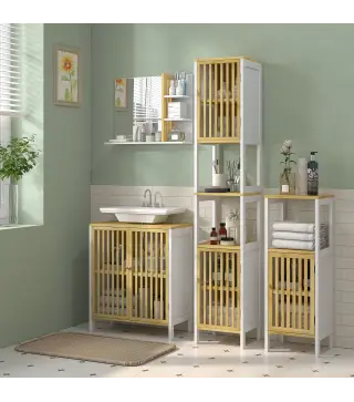 Columna de Baño Mueble de Baño Alto con 2 Compartimentos 2 Puertas de Rejilla y Estantes Ajustables 32x30x172 cm Blanco