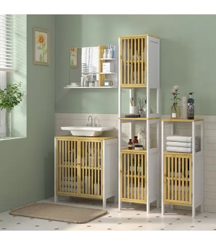 Columna de Baño Mueble de Baño Alto con 2 Compartimentos 2 Puertas de Rejilla y Estantes Ajustables 32x30x172 cm Blanco