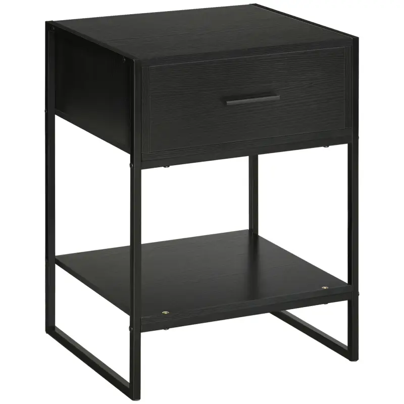 Mesilla de Noche Mesa Auxiliar con 1 Cajón y Estante de Almacenamiento para Dormitorio Salón Oficina 45x40x60 cm Negro