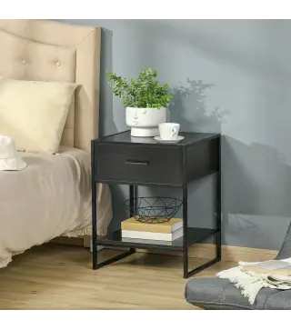 Mesilla de Noche Mesa Auxiliar con 1 Cajón y Estante de Almacenamiento para Dormitorio Salón Oficina 45x40x60 cm Negro