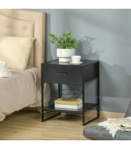 Mesilla de Noche Mesa Auxiliar con 1 Cajón y Estante de Almacenamiento para Dormitorio Salón Oficina 45x40x60 cm Negro