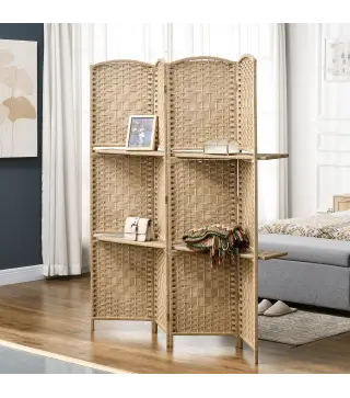 Biombo Separador de Ambientes 4 Paneles 160x170 cm con 2 Estantes de Exhibición Pantalla de Privacidad Plegable Natural