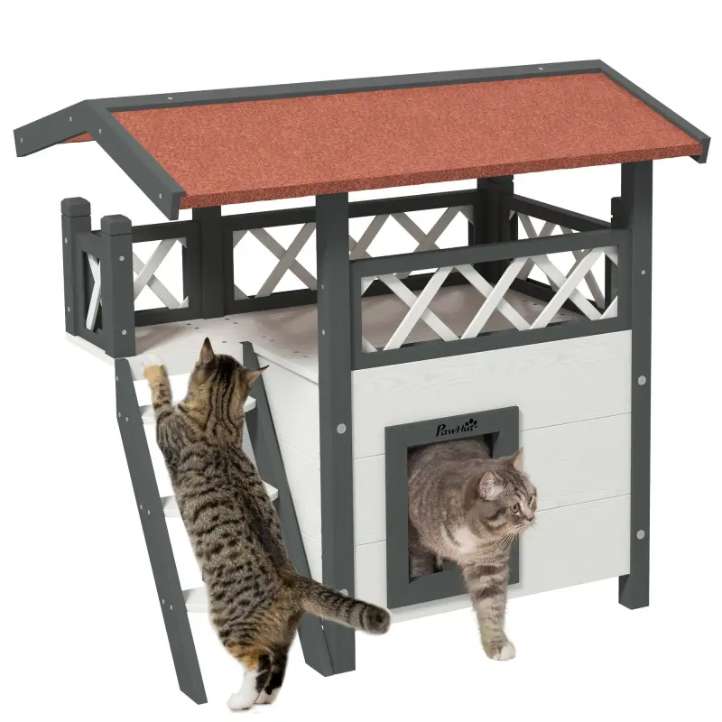 Caseta para Gatos de 2 Niveles 77x50x73 cm Refugio para Gatos con Techo Asfáltico Escalera y Balcón para Exterior Blanco