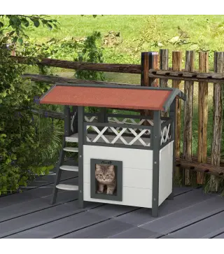 Caseta para Gatos de 2 Niveles 77x50x73 cm Refugio para Gatos con Techo Asfáltico Escalera y Balcón para Exterior Blanco