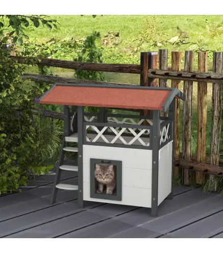 Caseta para Gatos de 2 Niveles 77x50x73 cm Refugio para Gatos con Techo Asfáltico Escalera y Balcón para Exterior Blanco