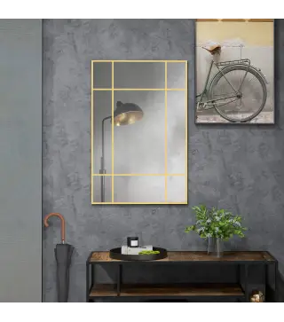 Espejo Rectangular de Pared Espejo de Ventana 90x60 cm con Marco de Metal Espejo Decorativo para Salón Dormitorio Dorado