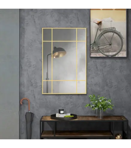 Espejo Rectangular de Pared Espejo de Ventana 90x60 cm con Marco de Metal Espejo Decorativo para Salón Dormitorio Dorado