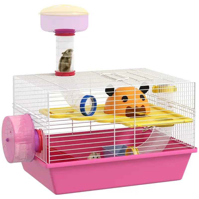Jaula para Hámster con Cuenco Bebedero Rueda de Ejercicio Torre de Observación y Casita 34x27x25 cm Rosa Jaula para Hámster con Cuenco Bebedero Rueda de Ejercicio Torre de Observación y Casita 34x27x25 cm Rosa
