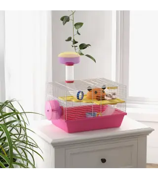 Jaula para Hámster con Cuenco Bebedero Rueda de Ejercicio Torre de Observación y Casita 34x27x25 cm Rosa