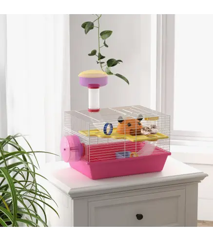 Jaula para Hámster con Cuenco Bebedero Rueda de Ejercicio Torre de Observación y Casita 34x27x25 cm Rosa