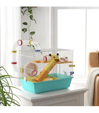 Jaula de Hámster con Túnel Plataformas Cuenco Bebedero Casita Rampas y Rueda de Ejercicio 45x28x37 cm Azul Claro