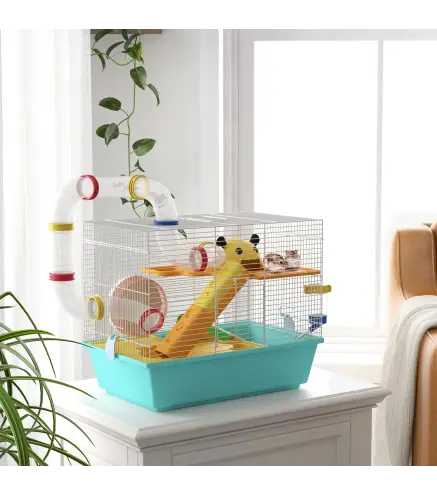 Jaula de Hámster con Túnel Plataformas Cuenco Bebedero Casita Rampas y Rueda de Ejercicio 45x28x37 cm Azul Claro
