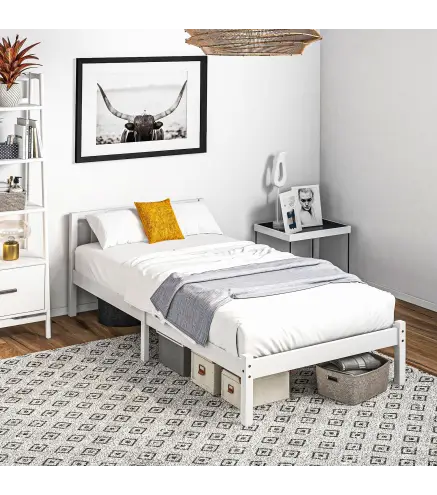 Cama de Madera Somier con Cabecera para Colchón de 90x190 cm (no incluido) Carga 120 kg 198x96x70 cm Blanco