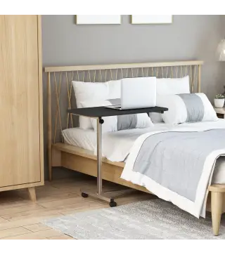 Mesa Auxiliar con Ruedas con Altura Ajustable y Marco de Metal Carga 20 kg 77x40x76-100 cm Negro y Plata