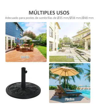 Soporte para Parasol Redondo de HDPE y Cemento Peso 13 kg para Poste de Paraguas de Ø35/38/48 mm Ø48x34 cm Negro