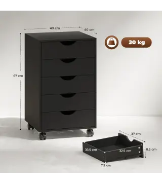 Cajonera Oficina con Ruedas y 5 Cajones Archivador Móvil, para Estudio Salón 40x40x67 cm Negro