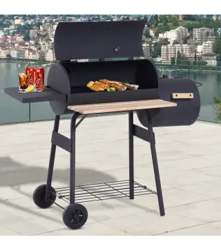 Barbacoa de Carbón 3 en 1 Ahumador Parilla de Carbón Barbacoa de BBQ 124x53x104 cm con Termómetro y Ruedas Estantes de Madera Pi