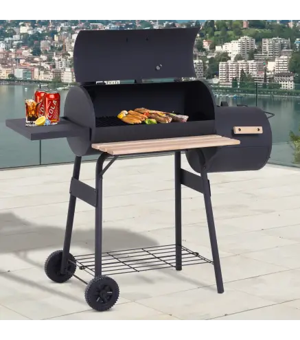 Barbacoa de Carbón 3 en 1 Ahumador Parilla de Carbón Barbacoa de BBQ 124x53x104 cm con Termómetro y Ruedas Estantes de Madera Pi