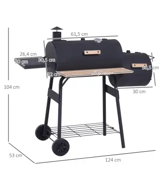 Barbacoa de Carbón 3 en 1 Ahumador Parilla de Carbón Barbacoa de BBQ 124x53x104 cm con Termómetro y Ruedas Estantes