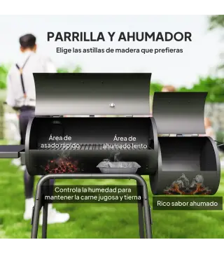 Barbacoa de Carbón 3 en 1 Ahumador Parilla de Carbón Barbacoa de BBQ 124x53x104 cm con Termómetro y Ruedas Estantes