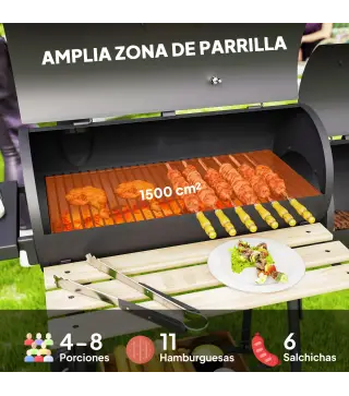 Barbacoa de Carbón 3 en 1 Ahumador Parilla de Carbón Barbacoa de BBQ 124x53x104 cm con Termómetro y Ruedas Estantes