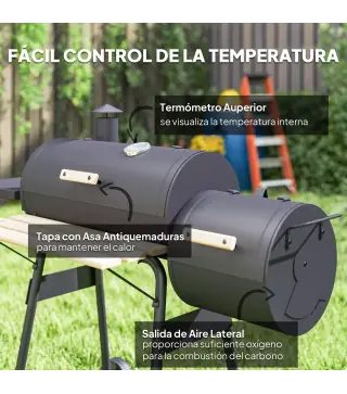 Barbacoa de Carbón 3 en 1 Ahumador Parilla de Carbón Barbacoa de BBQ 124x53x104 cm con Termómetro y Ruedas Estantes